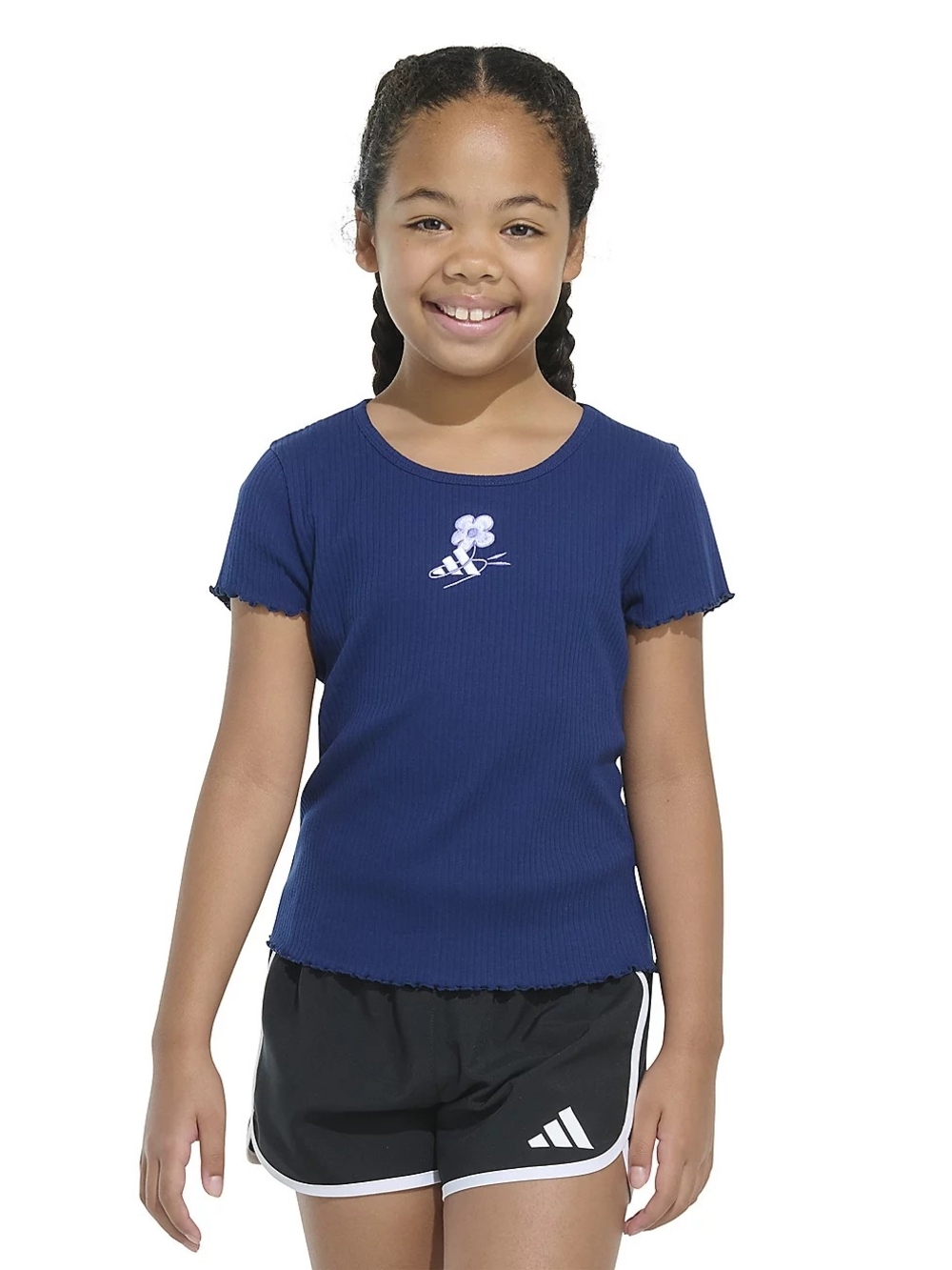 Adidas Navy Ribbed Short Sleeve Kids Top with Floral Accent XL